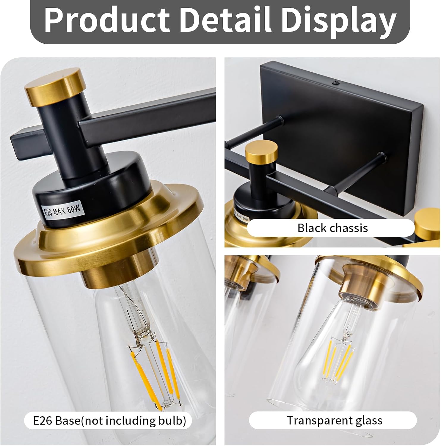 5-Lights Bathroom Light Fixtures, Gold and Black Bathroom Vanity Light Over Mirror, Brushed Gold Bathroom Light Fixtures with Clear Glass Shade for Hallway, Living Room