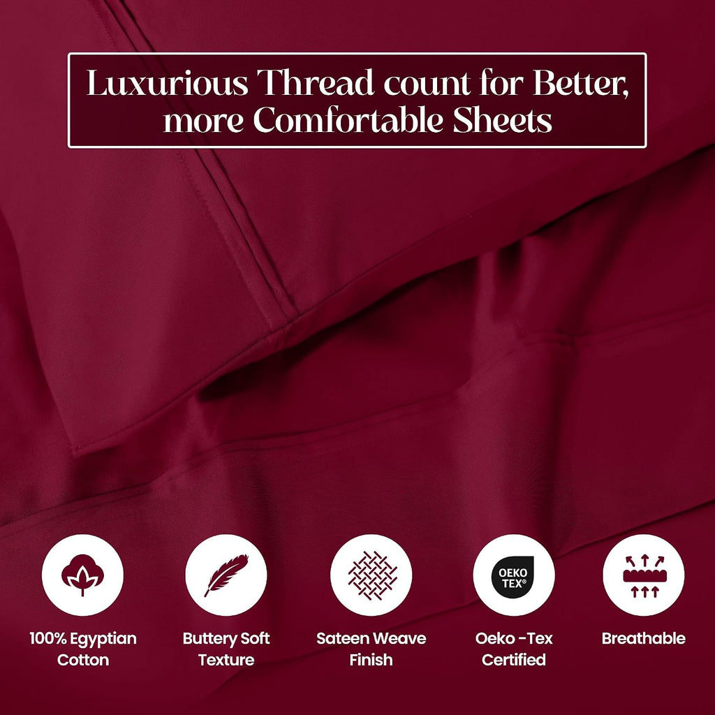 Superior 1200 Thread Count Egyptian Cotton Sheet Set, Bedroom Sheets, Modern Home Essentials, Luxury Bedding, 1 Elastic Deep Pocket Fitted Bed Sheet, 1 Flat Sheet, 2 Pillowcases, Queen, Burgundy