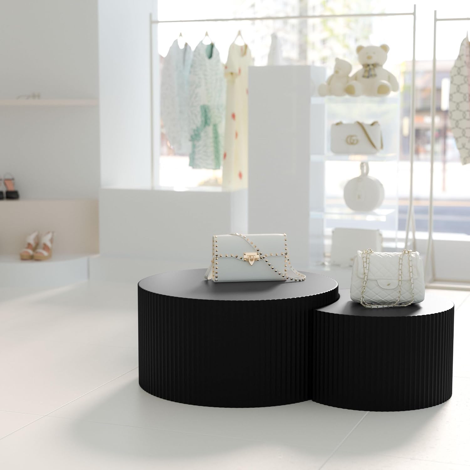 Round Nesting Coffee Table, Modern Wood Coffee Table Unique Shaped Set of 2 for Small Space, Living Room - Black