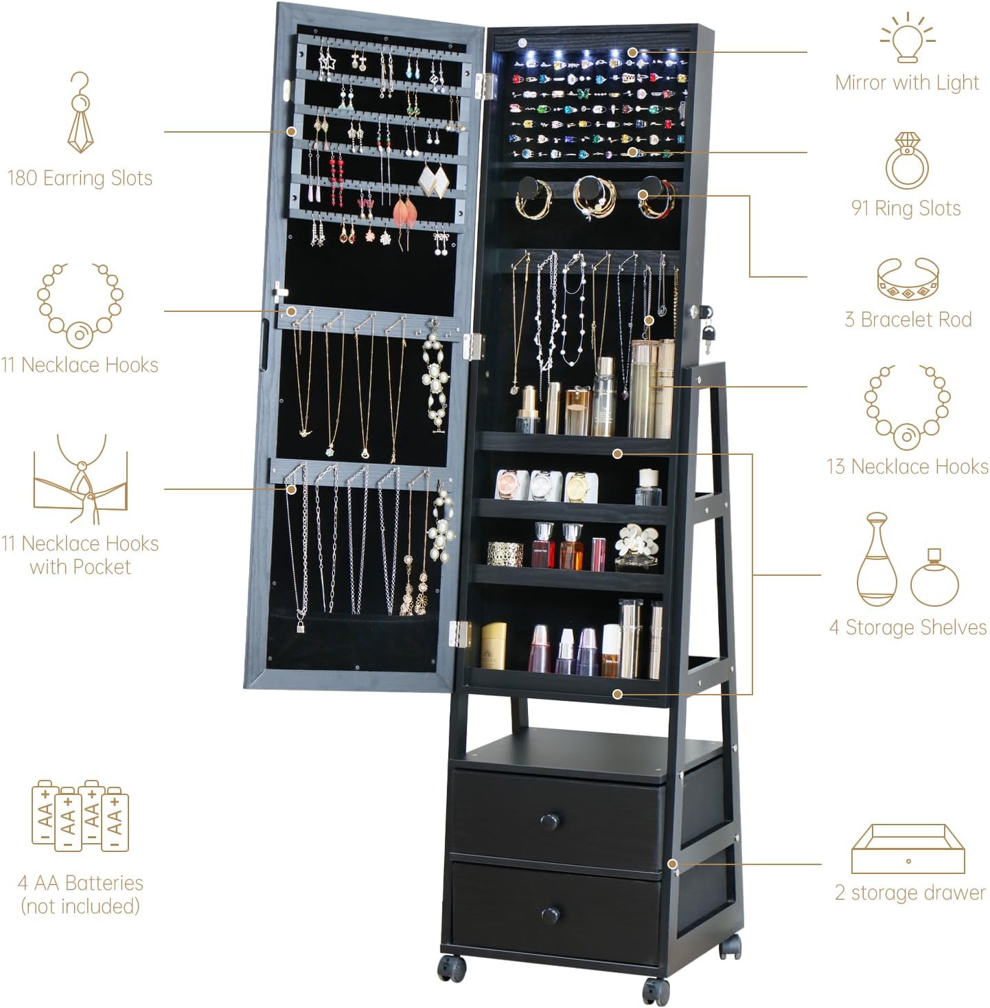 Jewelry Armoire Cabinet Organizer Standing with 20 LED Lights Lockable Full Length Mirror with Storage Shelves and 2 Drawers (Black) Adjustable Tilt Angles Gift for Her