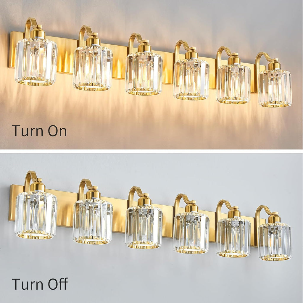 Modern Bathroom Vanity Light 6-Lights Brass Gold Vanity Light Crystal Wall Light Bathroom Light Fixtures with Round Shade (Exclude Bulb)