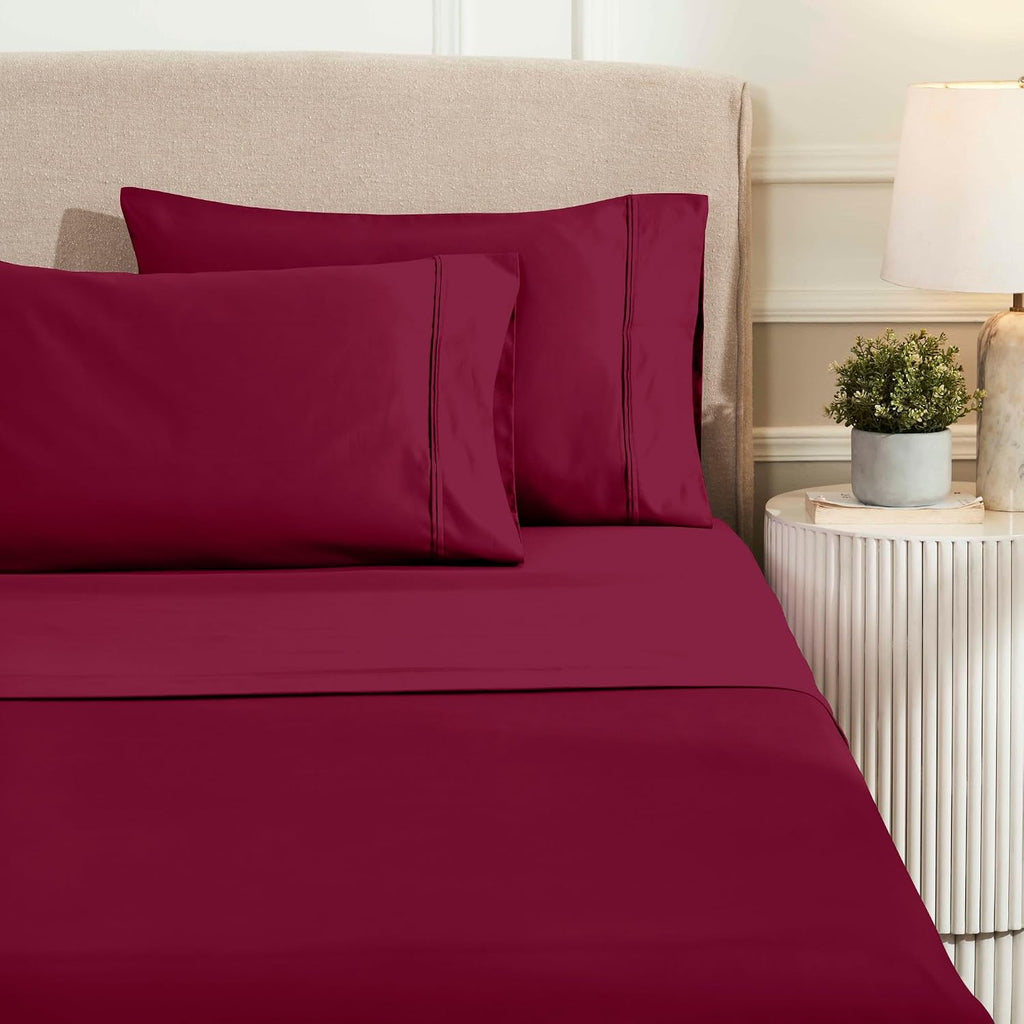 Superior 1200 Thread Count Egyptian Cotton Sheet Set, Bedroom Sheets, Modern Home Essentials, Luxury Bedding, 1 Elastic Deep Pocket Fitted Bed Sheet, 1 Flat Sheet, 2 Pillowcases, Queen, Burgundy
