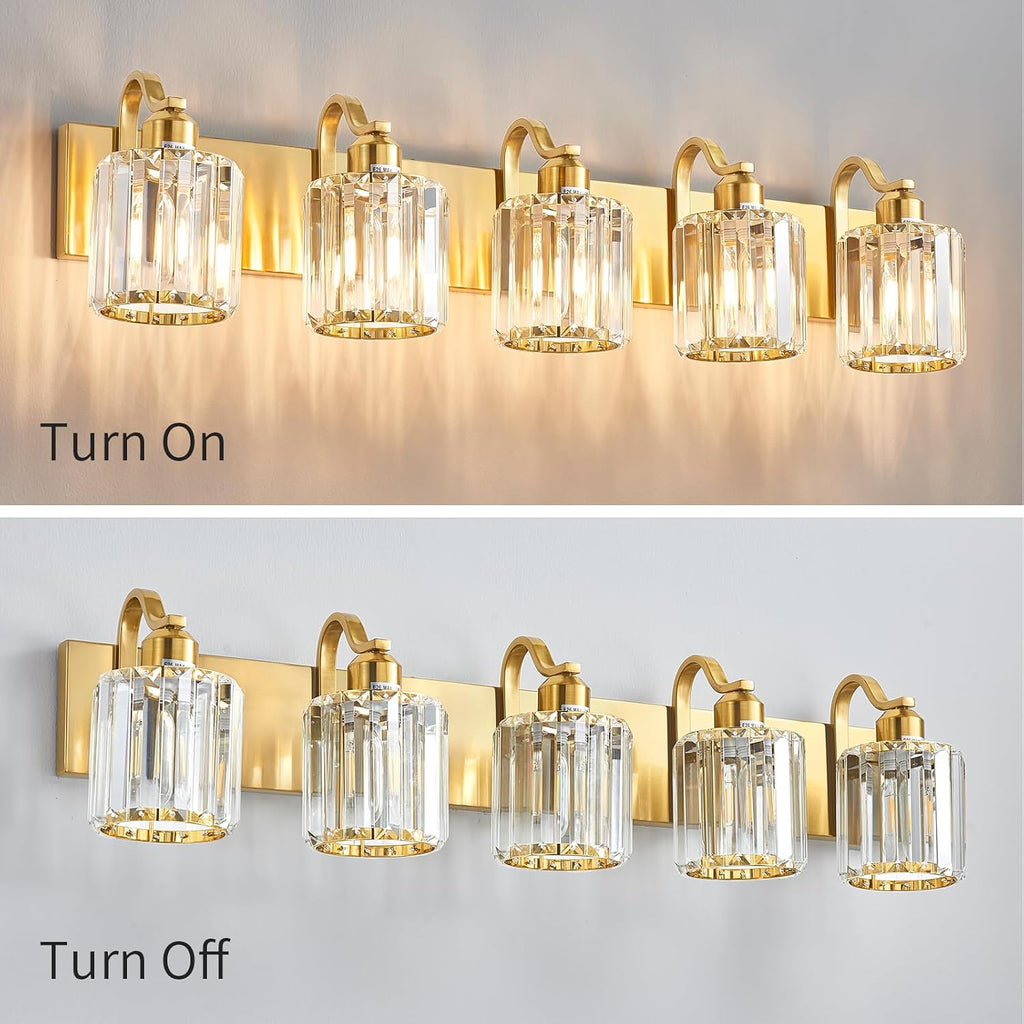 Modern Crystal Bathroom Vanity Light 5 Lights Crooked Gold Over Mirror Wall Lighting Fixture with Round Shade (Exclude Bulb)