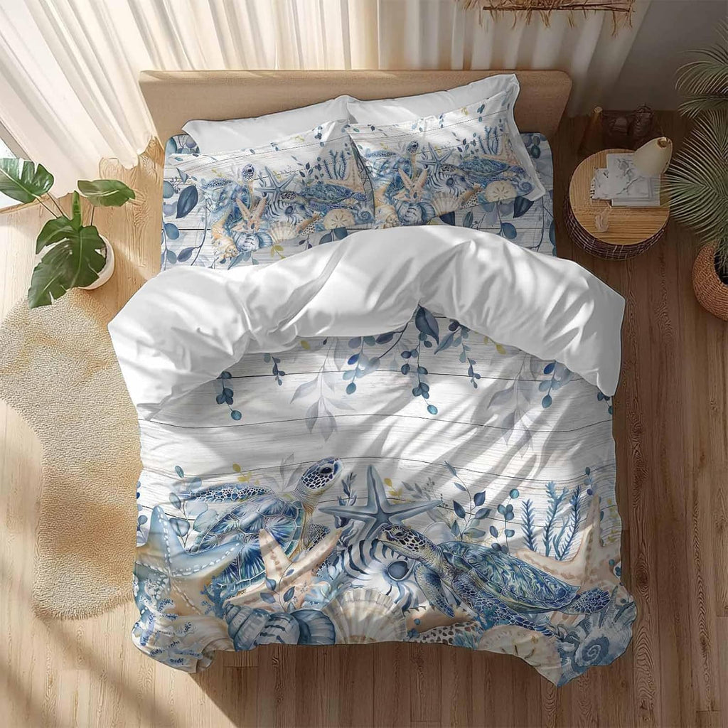 Ocean Turtle Duvet Cover Set Queen Size 4 Pieces Retro Sea Stars Shells Blue Leaf Wood Grain Bedding Set with Zipper Closure, 1 Comforter Cover 92x106 Inches 1 Flat Sheet & 2 Pillow Cases