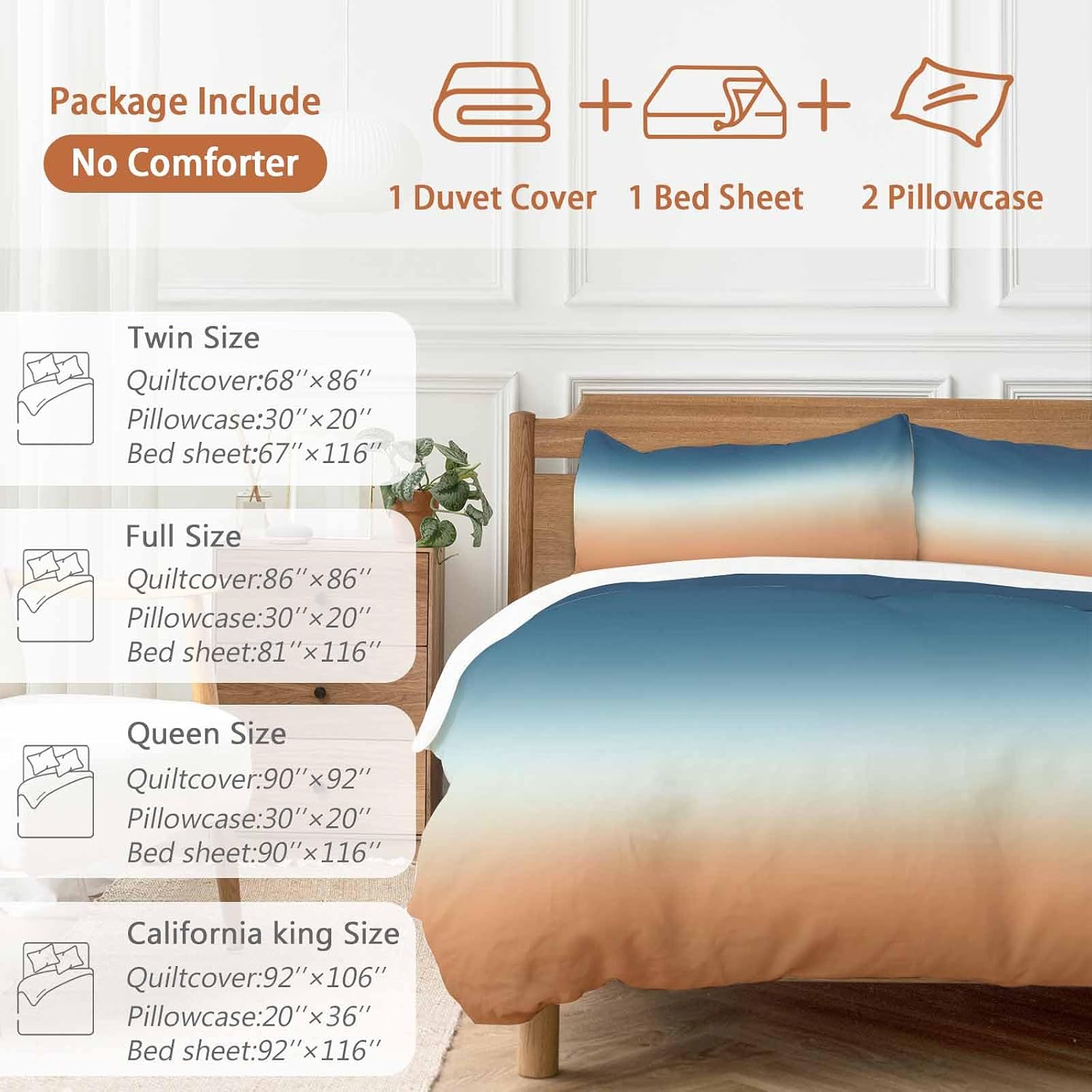 Prime Leader Gradient Blue Duvet Cover Set Queen Size 4 Pieces Modern Minimalist Orange Blue Ocean Beach Bedding Set with Zipper Closure, 1 Comforter Cover 92x106 Inches 1 Flat Sheet & 2 Pillow Cases