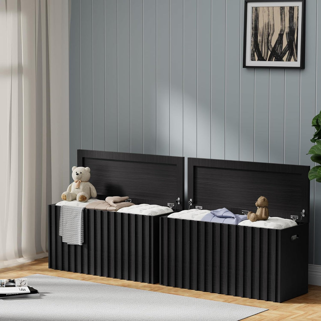 UEV Black Storage Bench Set of 2, 39.4' Fluted Wood Storage Trunk with 2 Safety Hinges, Sturdy Storage Chest, Storage Bench for Bedroom,Entryway, Living Room