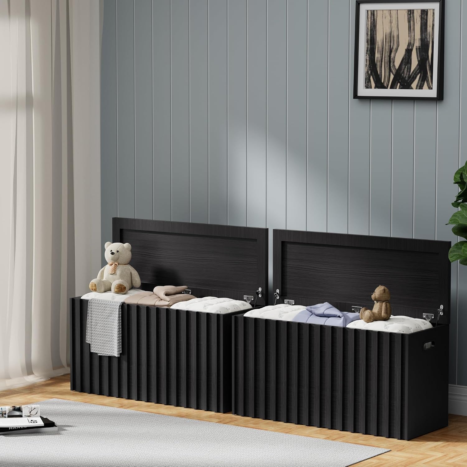 UEV Black Storage Bench Set of 2, 39.4' Fluted Wood Storage Trunk with 2 Safety Hinges, Sturdy Storage Chest, Storage Bench for Bedroom,Entryway, Living Room