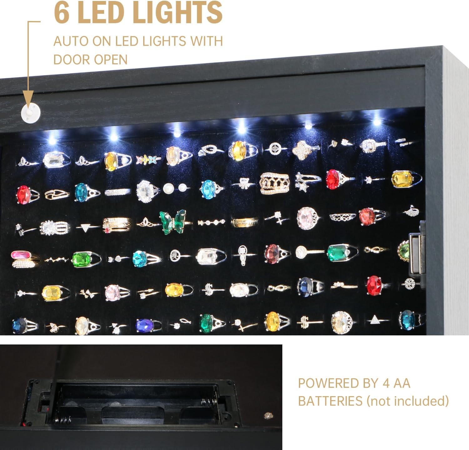Jewelry Armoire Cabinet Organizer Standing with 20 LED Lights Lockable Full Length Mirror with Storage Shelves and 2 Drawers (Black) Adjustable Tilt Angles Gift for Her