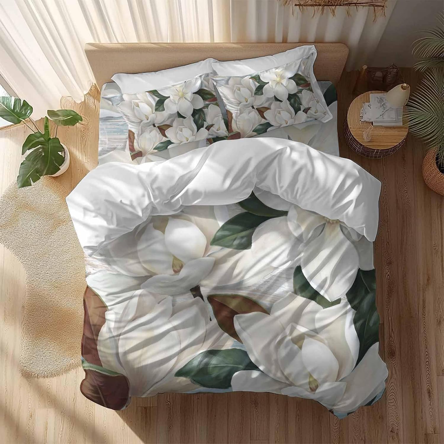 White Floral Duvet Cover Set Queen Size 4 Pieces Spring White Magnolia Vintage Plants Farmhouse Rustic Bedding Set with Zipper Closure, 1 Comforter Cover 92x106 Inches 1 Flat Sheet & 2 Pillow Cases