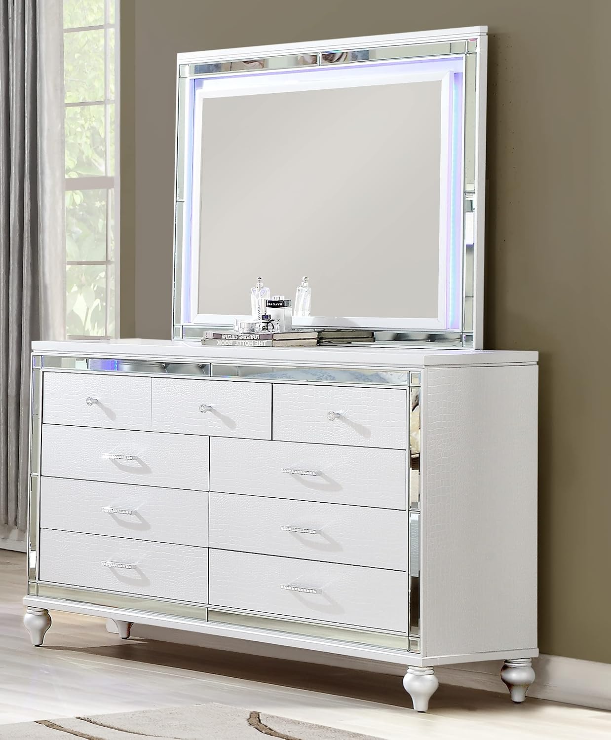 Full 5 PC LED Bedroom Set Made with Wood in White Color