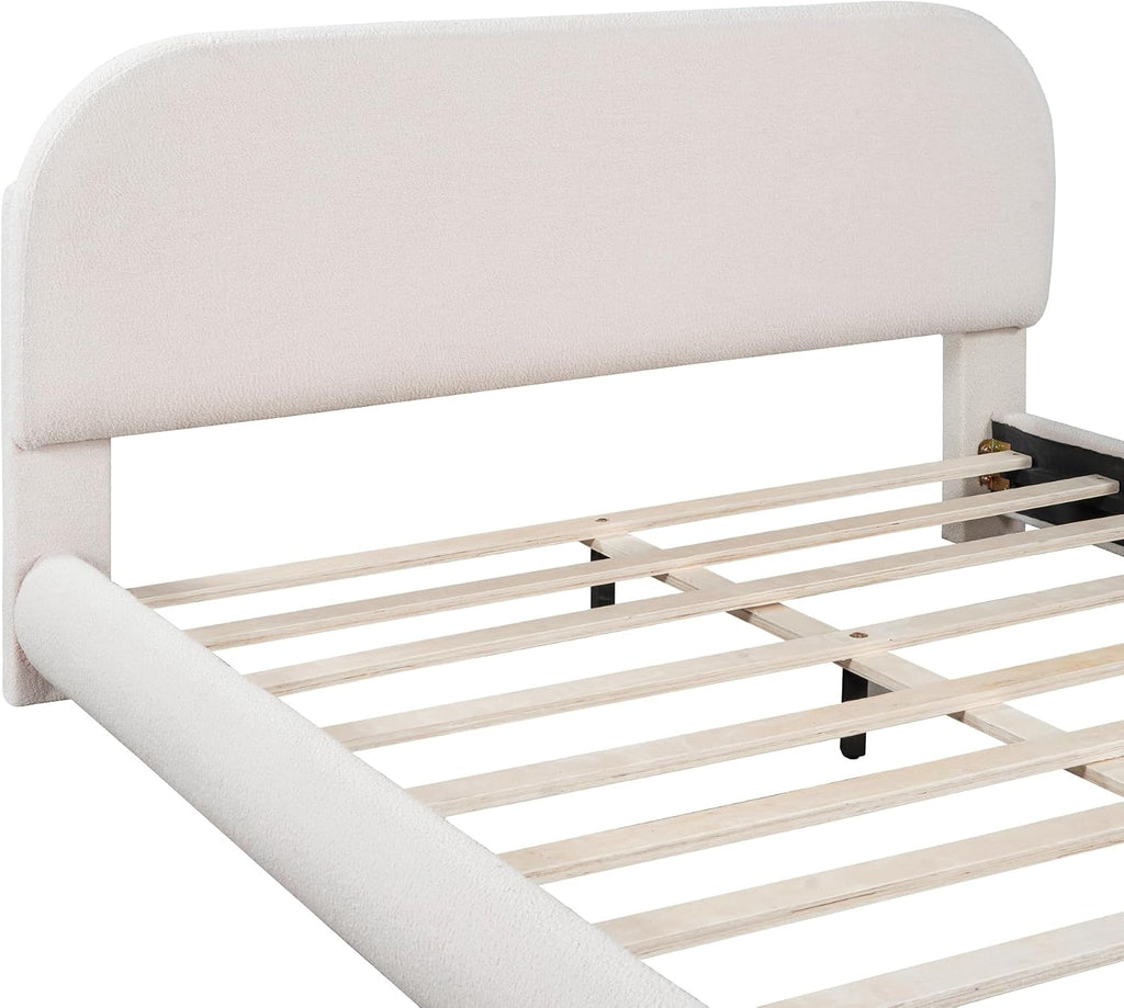 Curve-Shaped Upholstered Platform Bed With Curved Headboard, Queen Size Wood Frame for Kids Adults Bedroom Furniture, Teddy Fleece Thick Fabric Grounded (Beige)