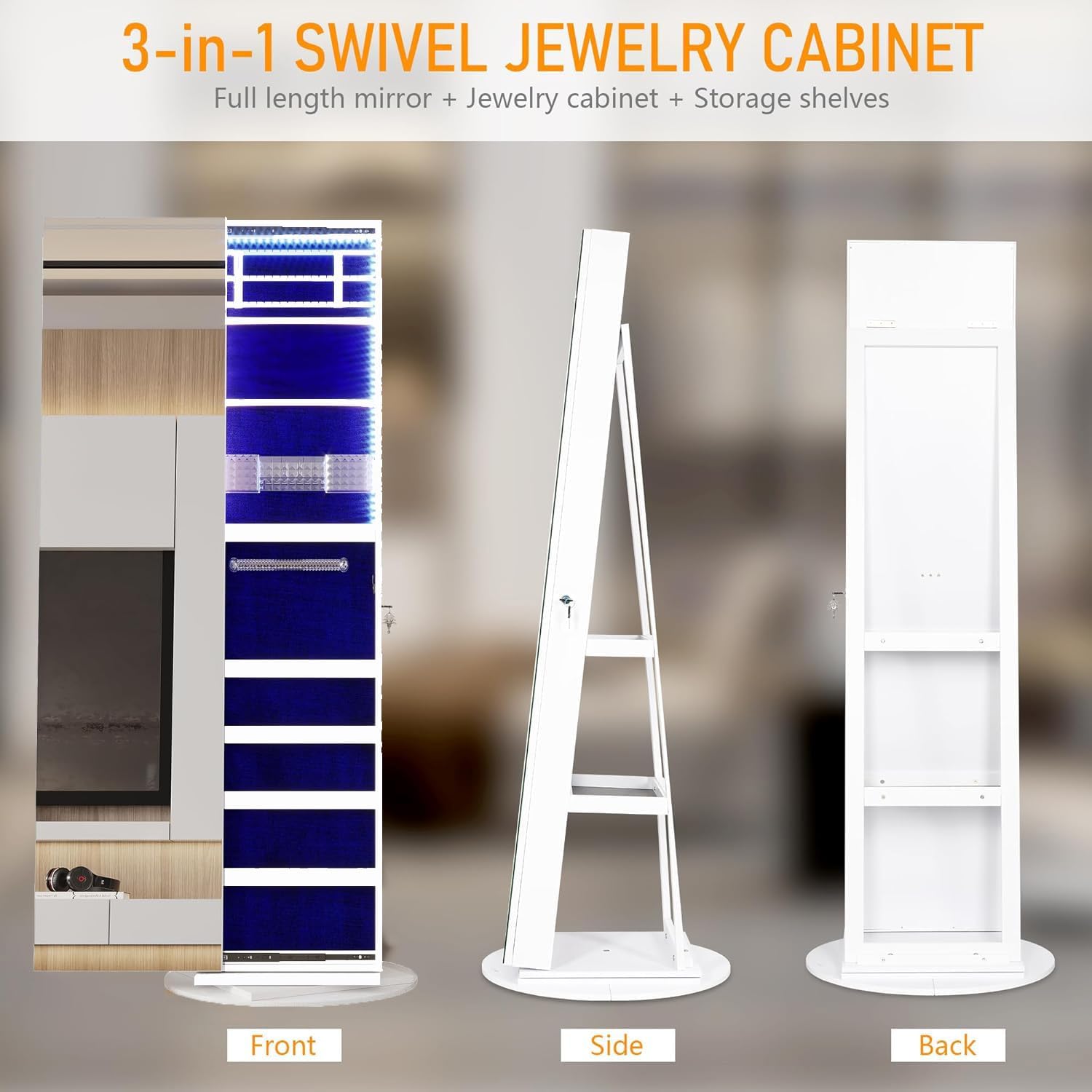 LVSOMT 360° Swivel Jewelry Mirror Cabinet with Lights, Standing Jewelry Armoire Organizer, 63' Rotatable Full-Length Mirror with Jewelry Storage, Lockable with Back Storage Shelve, White