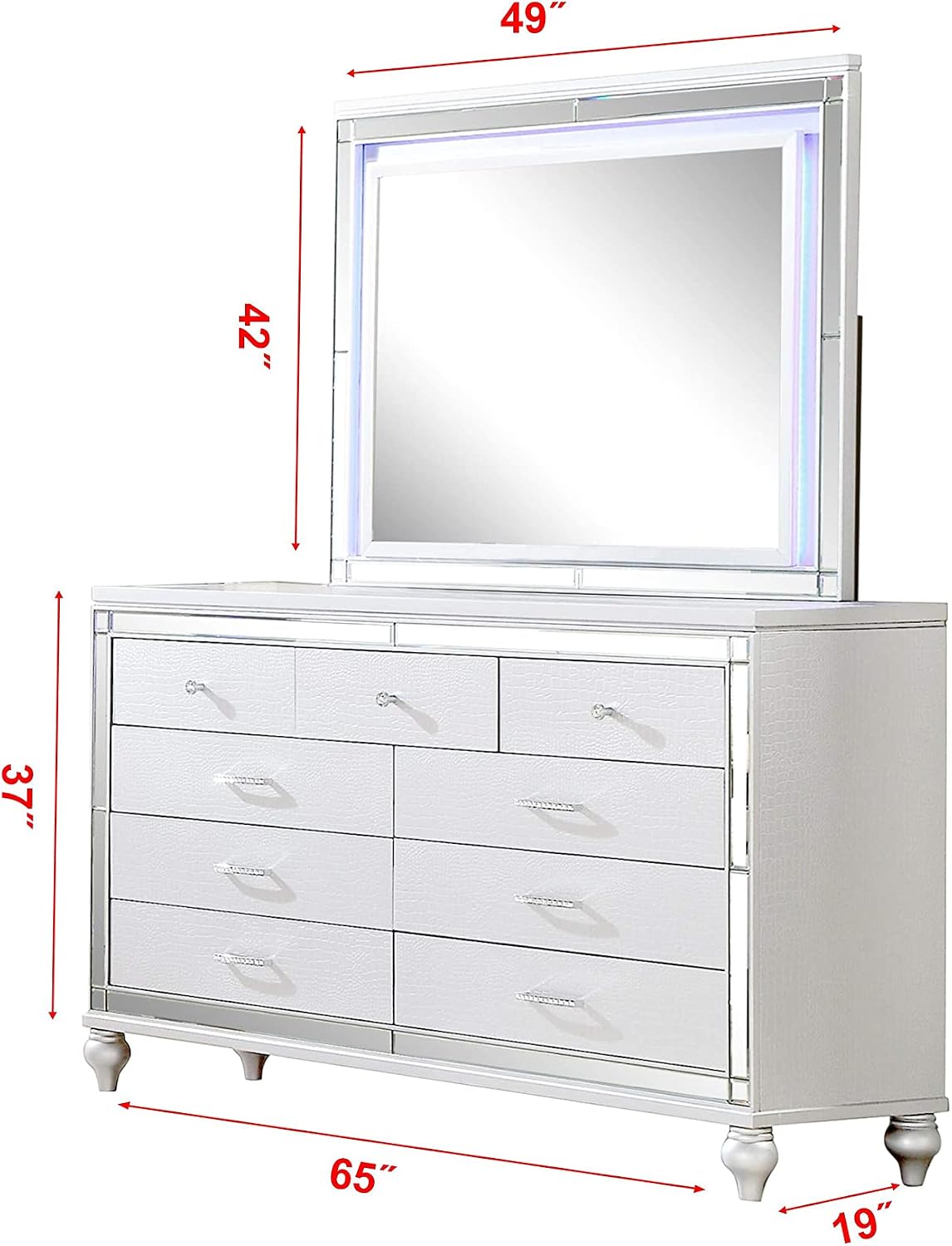 Full 5 PC LED Bedroom Set Made with Wood in White Color
