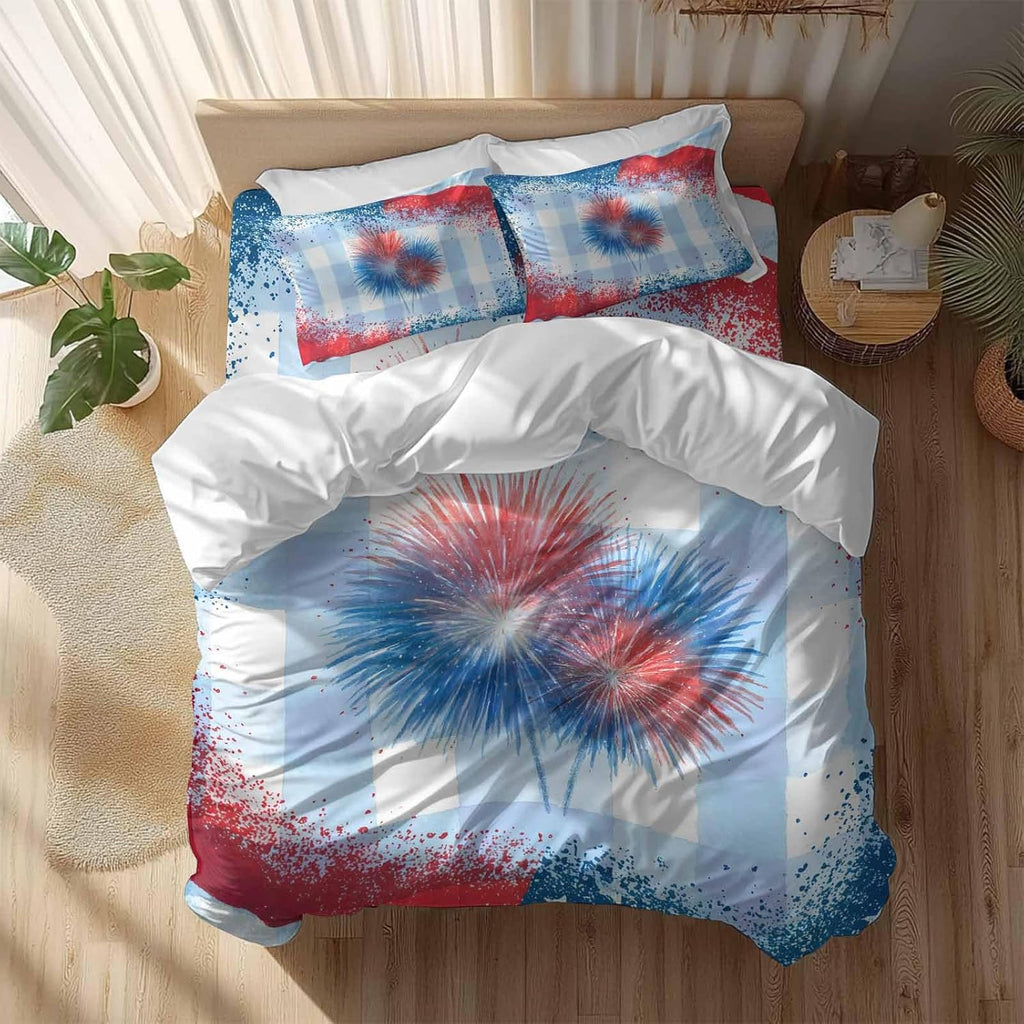 Independence Day Firework Duvet Cover Set Queen Size 4 Pieces 4th of July American Flag Blue Plaid Bedding Set with Zipper Closure, 1 Comforter Cover 92x106 Inches 1 Flat Sheet & 2 Pillow Cases