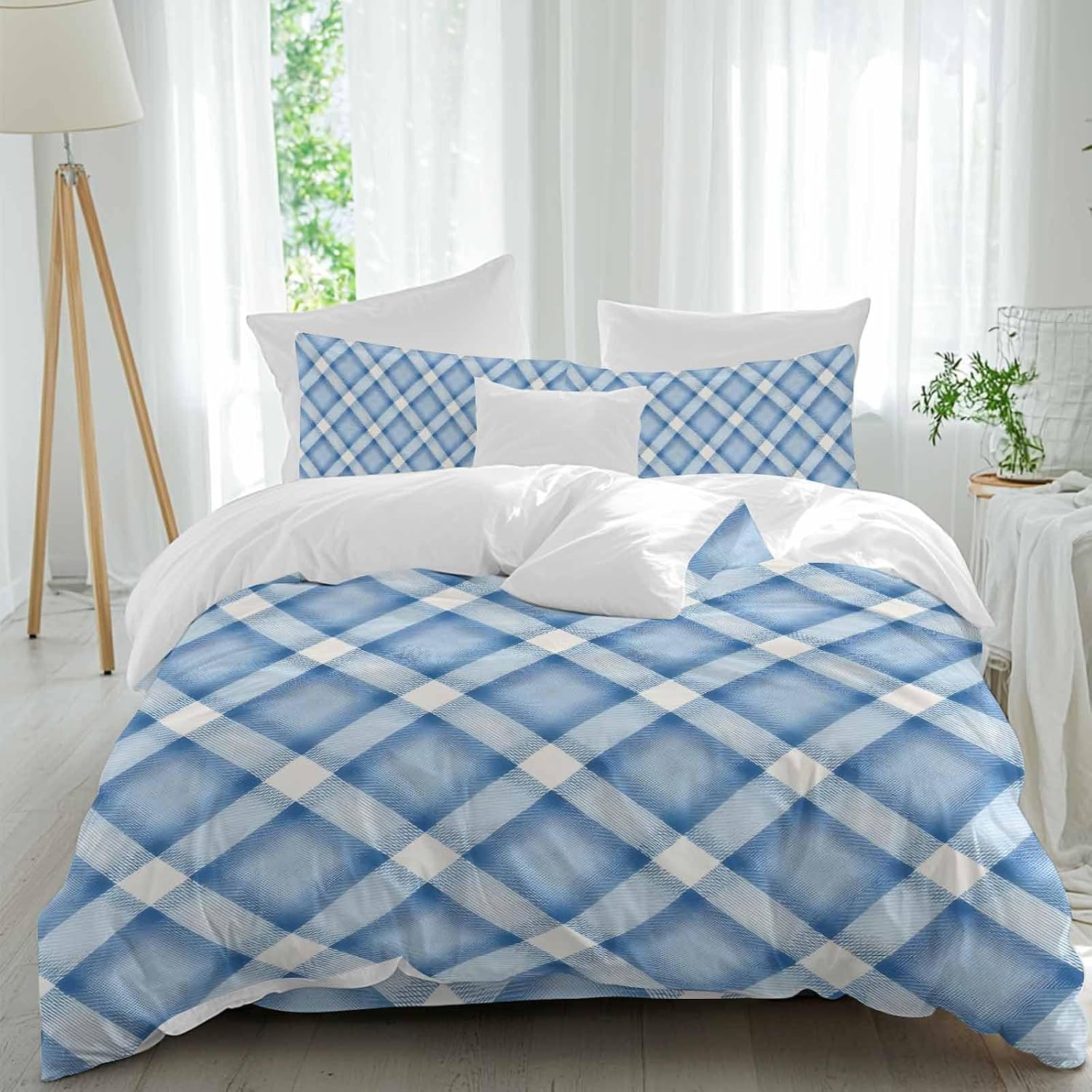 Prime Leader Blue Checkered Duvet Cover Set Queen Size 4 Pieces Modern Minimalist Watercolor Country Farm Bedding Set with Zipper Closure, 1 Comforter Cover 90x92 Inches 1 Flat Sheet & 2 Pillow Cases