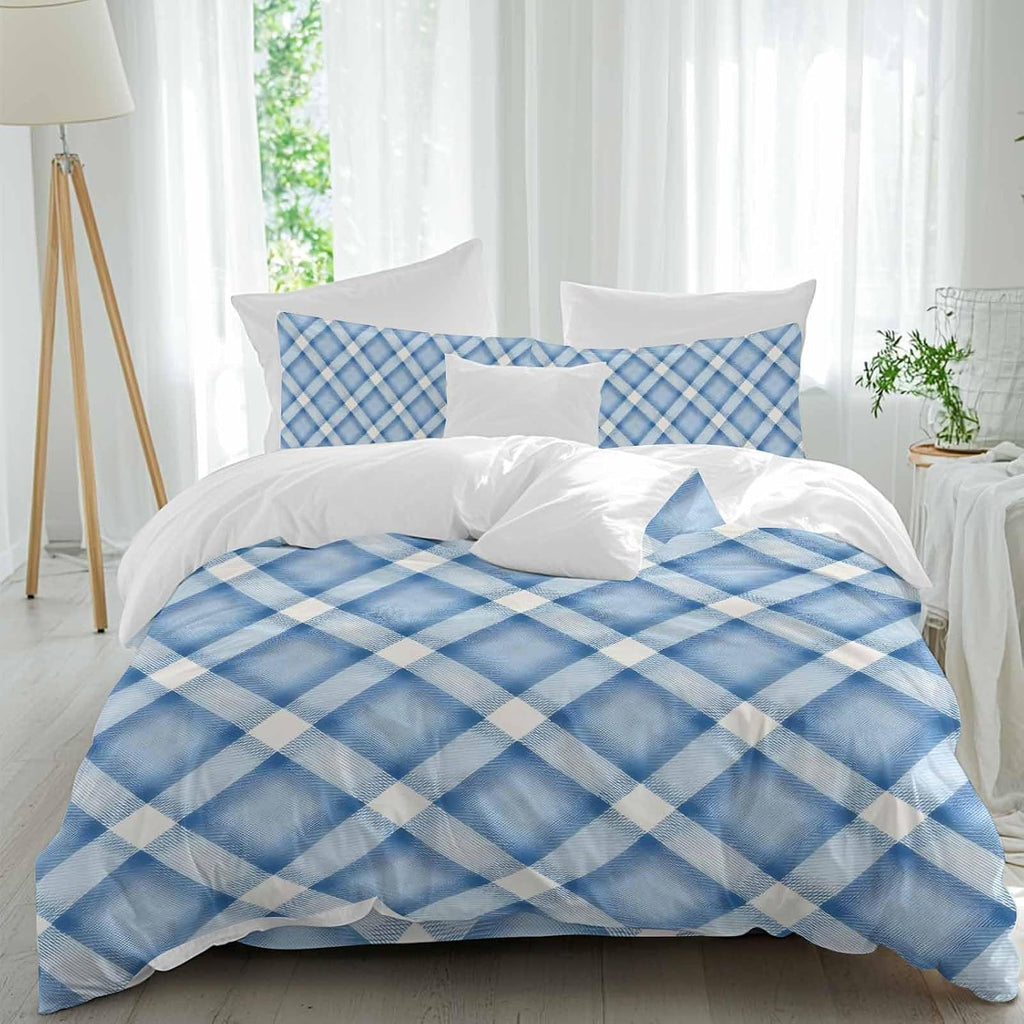 Prime Leader Blue Checkered Duvet Cover Set Queen Size 4 Pieces Modern Minimalist Watercolor Country Farm Bedding Set with Zipper Closure, 1 Comforter Cover 86x86 Inches 1 Flat Sheet & 2 Pillow Cases