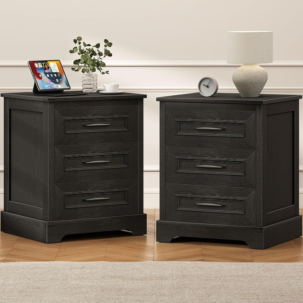 Farmhouse Nightstand with Charging Station- Wood Night Stand Set 2, 3 Drawer Nightstands Set of 2, Bedside Table with Storage, Rustic Night Stands for Bedroom, Closet, 18' Wide, 24' Tall