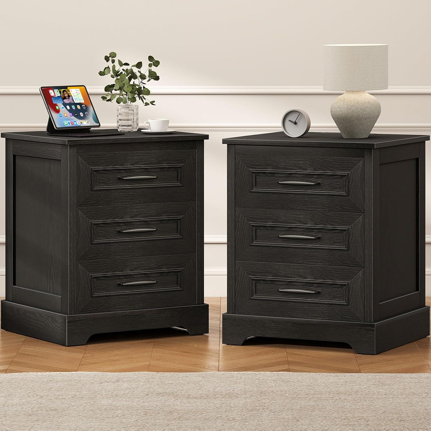 Farmhouse Nightstand with Charging Station- Wood Night Stand Set 2, 3 Drawer Nightstands Set of 2, Bedside Table with Storage, Rustic Night Stands for Bedroom, Closet, 18' Wide, 24' Tall