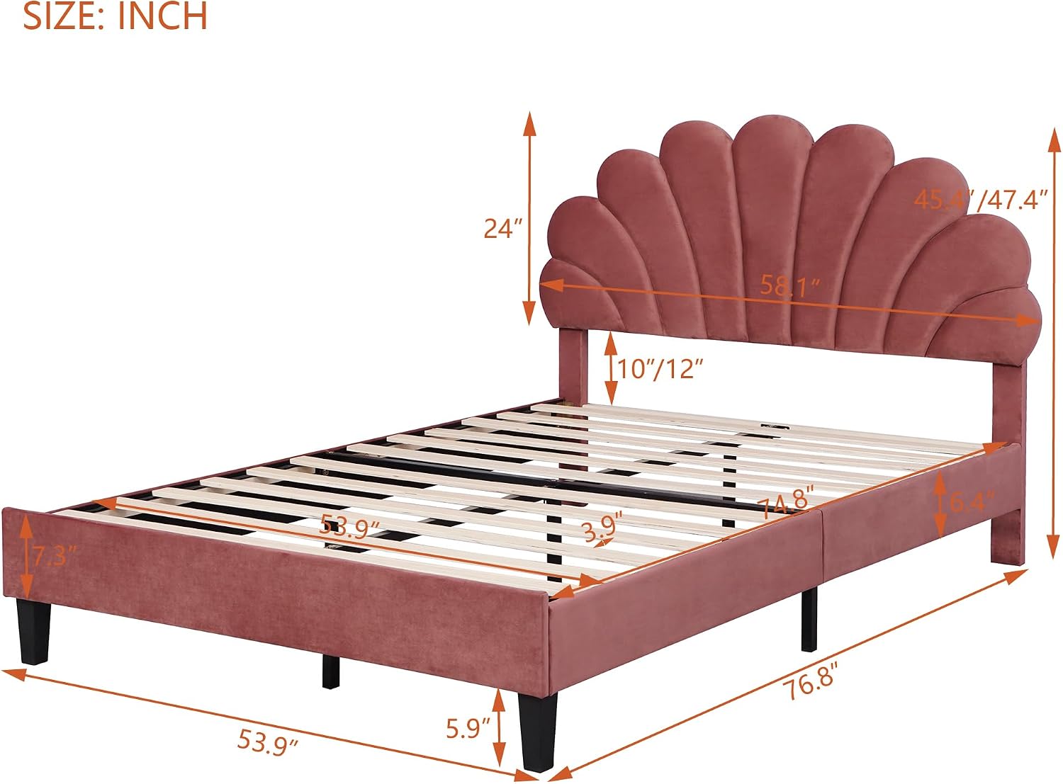 Full Size Velvet Upholstered Platform Bed with Flower Pattern Headboard,Bedroom Wood Bed Frame W/Wooden Slats Support,No Box Spring Needed,for Guest Room,Apartment,Bean Paste Red