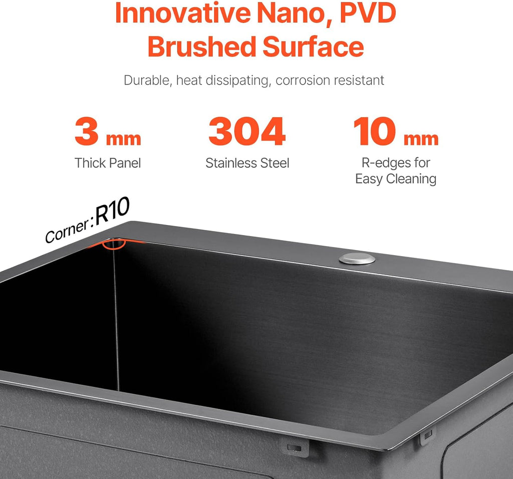 VEVOR 25' Recessed Kitchen Sink 9' Deep Top Mount Single Bowl Kitchen Sink 304 Stainless Steel Sink with Filter Basket Perfect for Home, RV, Laundry Room, Bar