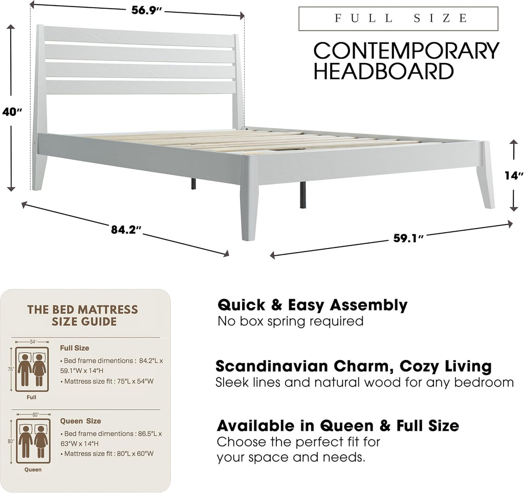Full Size Solid Wood Platform Bed Frame with Headboard and Footboard, 12 Sturdy Slats, Center Metal Legs, Easy Assembly, No Box Spring Needed, Anti-Noise & Slip-Free Design, Pure White Finish. RKF-39