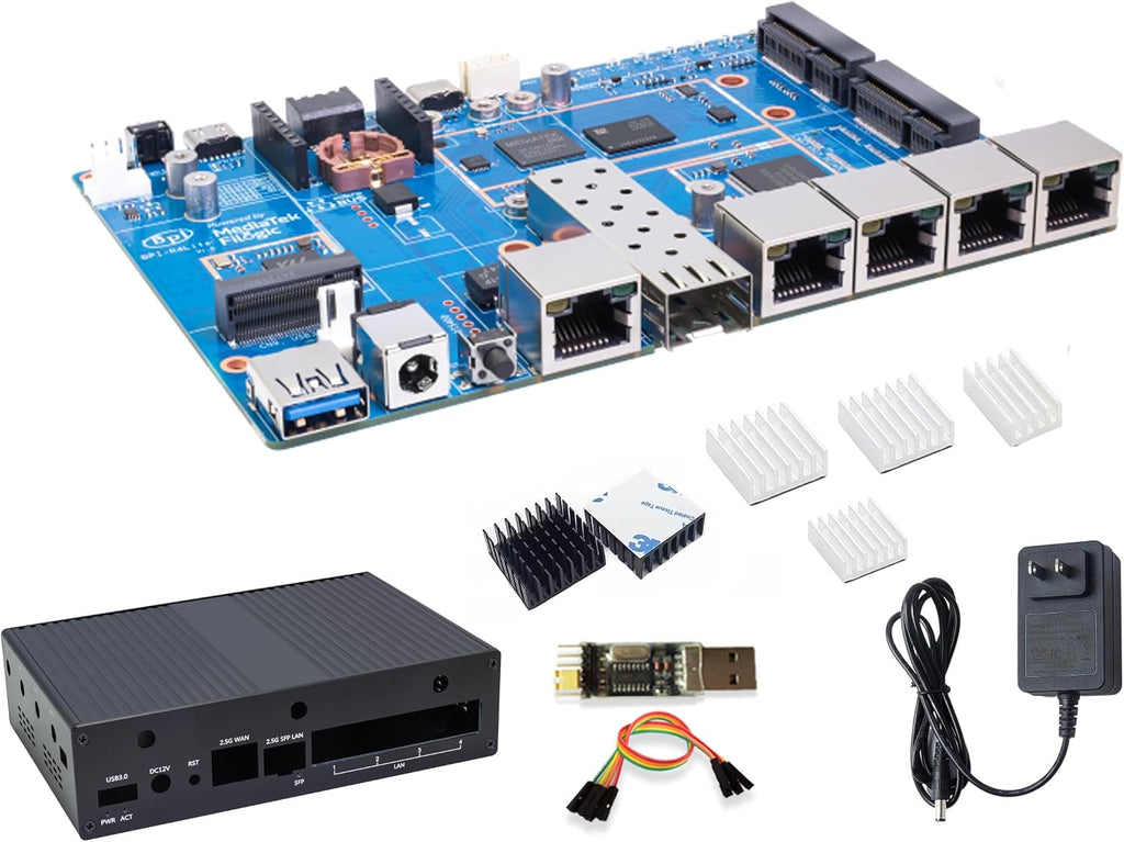 Banana Pi BPI-R4 Lite WiFi 7 Router Dev Board Kit OpenWRT - MediaTek MT7987A SoC - 2GB DDR4 RAM 8GB eMMC, 1x 2.5G SFP RJ45 WAN, 4x GbE Gigabit Ethernet for NAS Smart Home Gateway (2GB, Bundle2)
