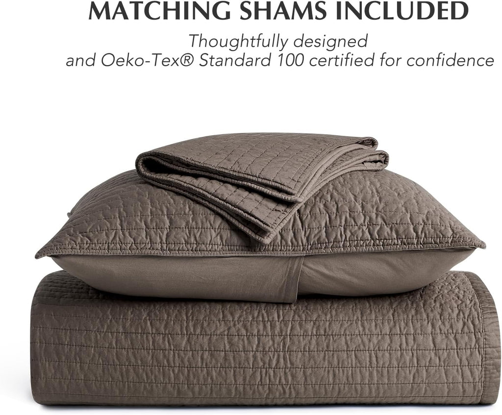 EVERGRACEHOME Cotton Sateen Quilt Set Oversized King, Pre-Washed Cotton Channel Stitch Coverlet Bedspread, 3 Pieces Lightweight Soft Bedding Sets for All Season, with 2 Pillow Shams, Mocha Brown