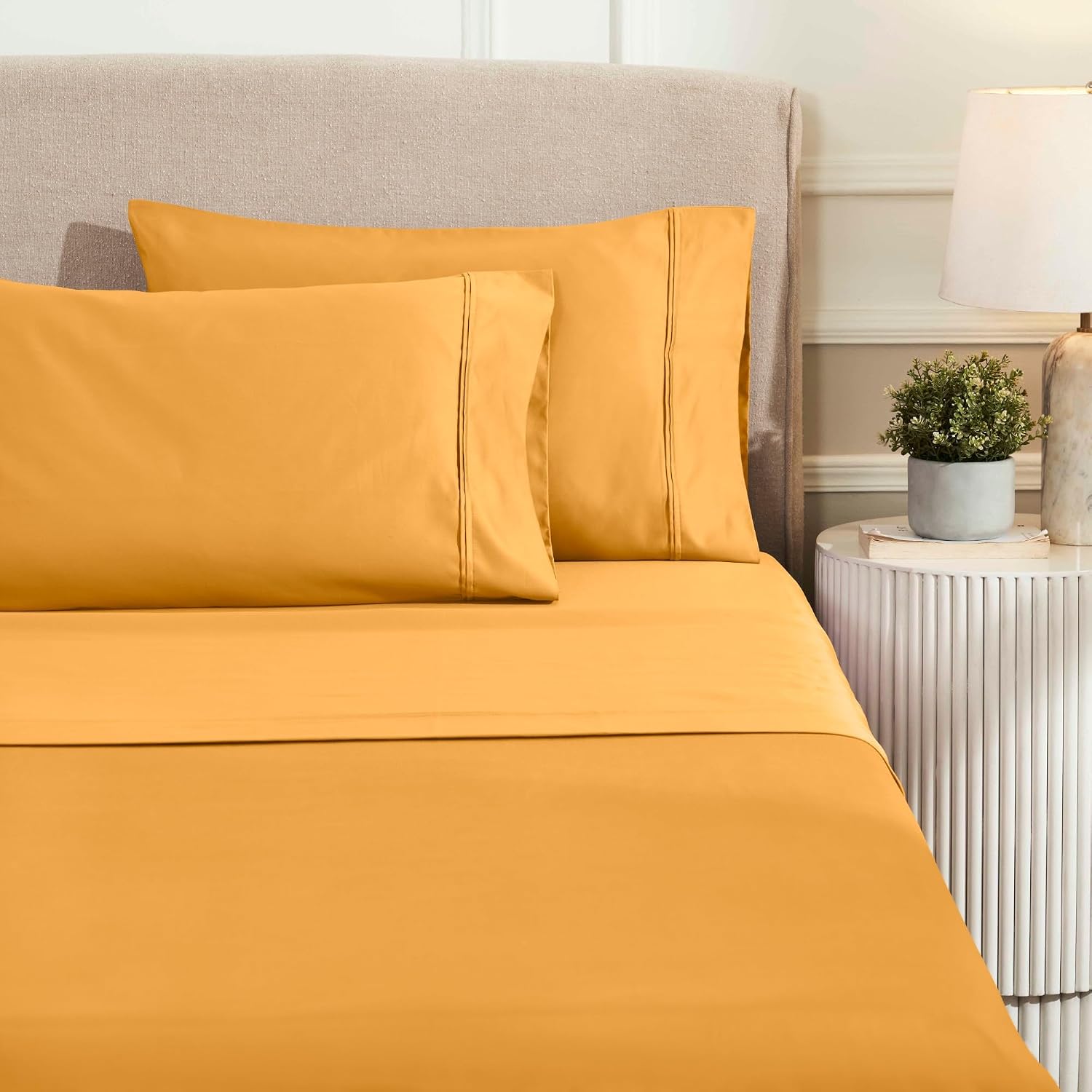 Superior 1200 Thread Count Egyptian Cotton Sheet Set, Bedroom Sheets, Modern Home Essentials, Luxury Bedding, 1 Elastic Deep Pocket Fitted Bed Sheet, 1 Flat Sheet, 2 Pillowcases, Queen, Dijon