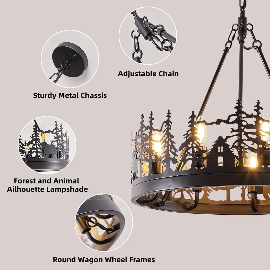 9-Light Rustic Farmhouse Chandelier, Black Wagon Wheel Pendant Light Fixture 23.6' Round Vintage Bear Chandelier for Dining Room Living Room Kitchen