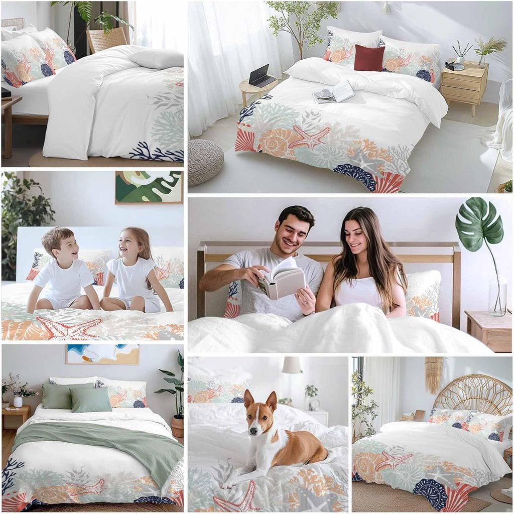 Summer Marine Life Duvet Cover Set Queen Size 4 Pieces Ocean Gray Coral Coastal Starfish Conch Bedding Set with Zipper Closure, 1 Comforter Cover 92x106 Inches 1 Flat Sheet & 2 Pillow Cases
