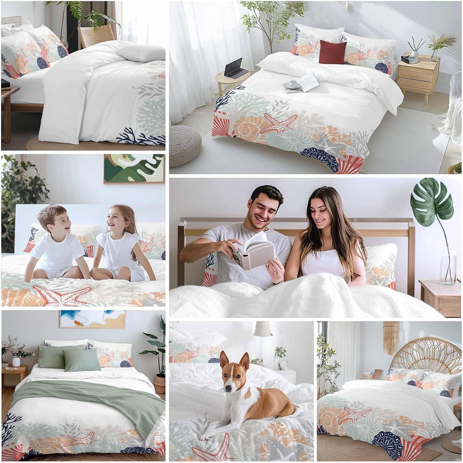 Summer Marine Life Duvet Cover Set Queen Size 4 Pieces Ocean Gray Coral Coastal Starfish Conch Bedding Set with Zipper Closure, 1 Comforter Cover 92x106 Inches 1 Flat Sheet & 2 Pillow Cases