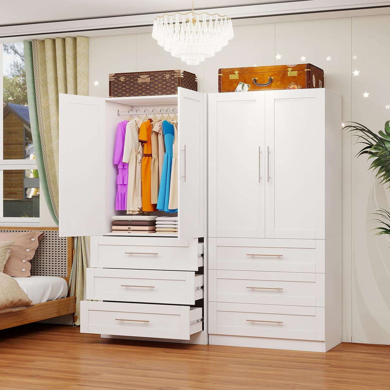 Armoire Wardrobe Closet with 3 Deep Drawers and Doors 71' Clothing Storage Cabinet with Hanging Rod Wooden Wardrobe Cabinet for Bedroom, Large Capacity Storage White