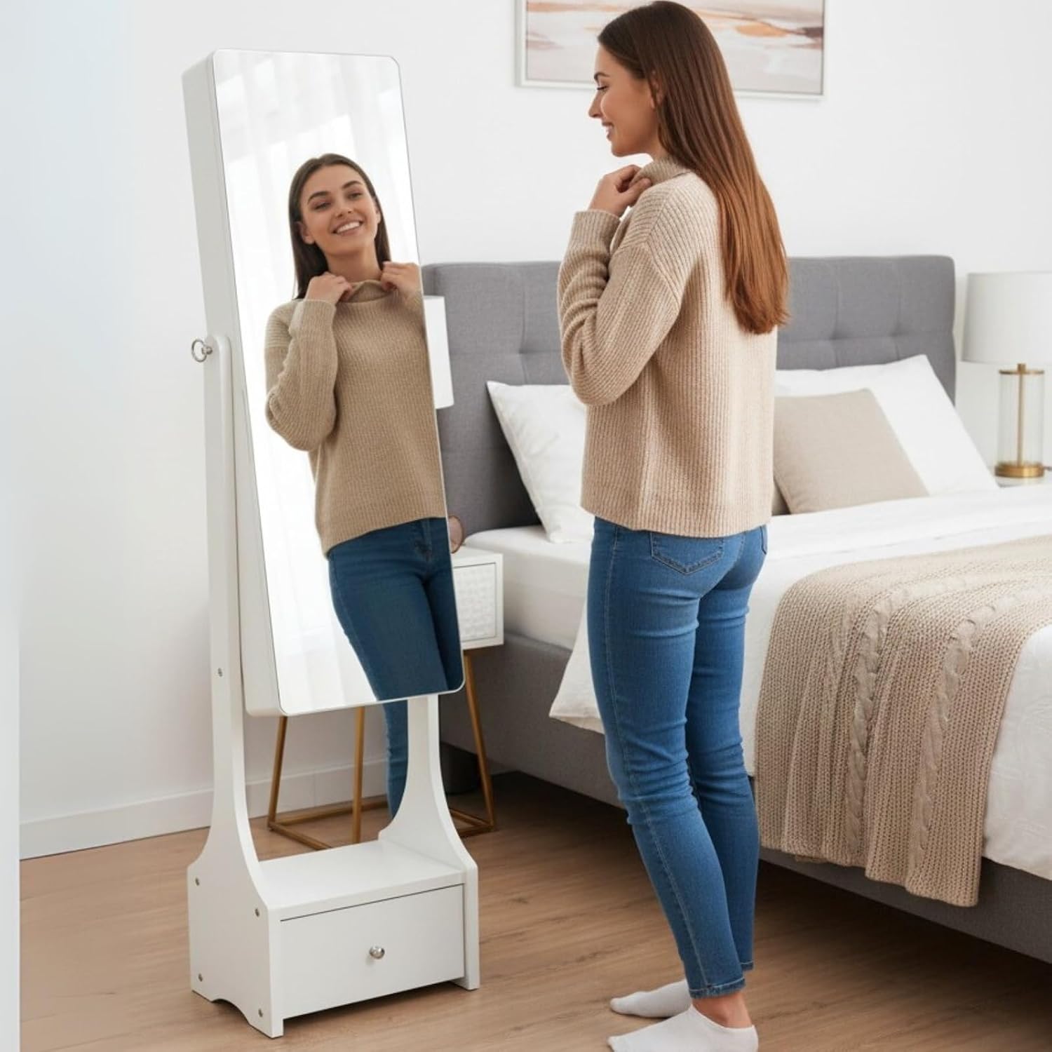 BTEXPERT Mirror Jewelry Cabinet Standing, Large Storage Jewelry Armoire, Full-Length Frameless Mirror with Jewelry Storage, 12 LED Lockable Standing Jewelry Organizer White