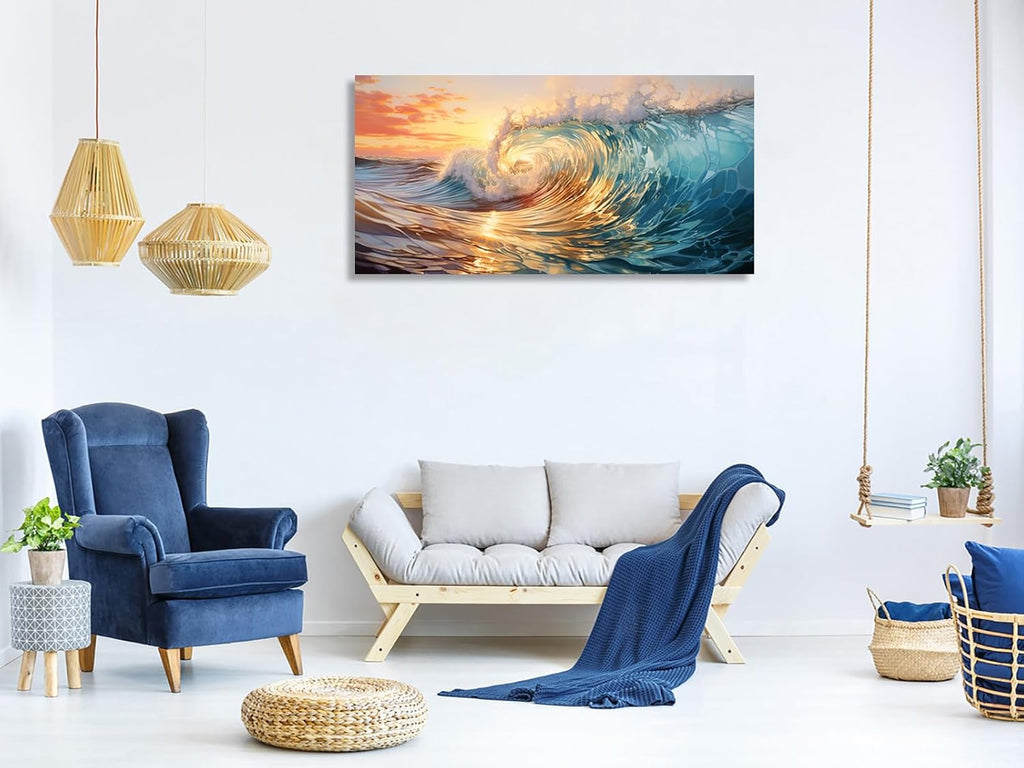 KUNHAAH Wall Art Canvas Painting Big Waves in the Sea 1 Piece Ocean Sunset Huge Waves Nature Picture Poster Print Framed and Stretched Ready to Hang for Living Room Bedroom Artework