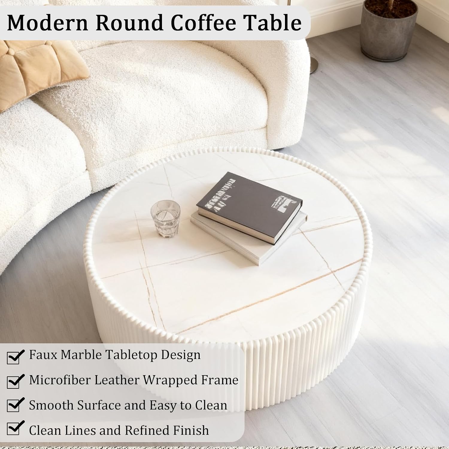 Round Living Room Table Set, 29.52' White Drum Center Table and 17.71' White Coffee Table Set, 2 Pieces Coffee Table Set with Sintered Stone Tabletop, Fluted PU Leather Covered and StableBase