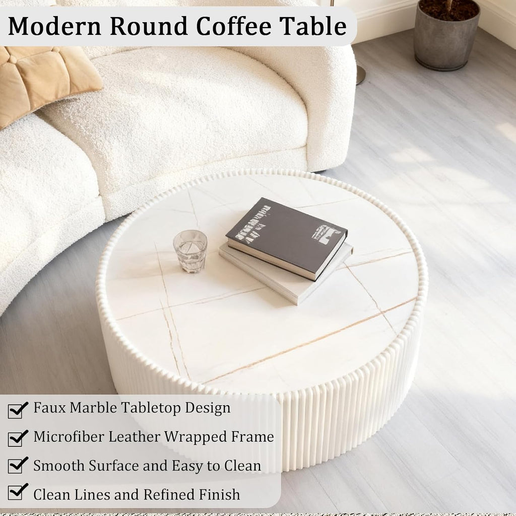 Round Coffee Table Set, 29.52' White Drum Center Table and 17.71' Grey Coffee Table Set, 2 Pieces Living Room Table Set with Sintered Stone Tabletop,Fluted PU Leather Covered and Stable Base