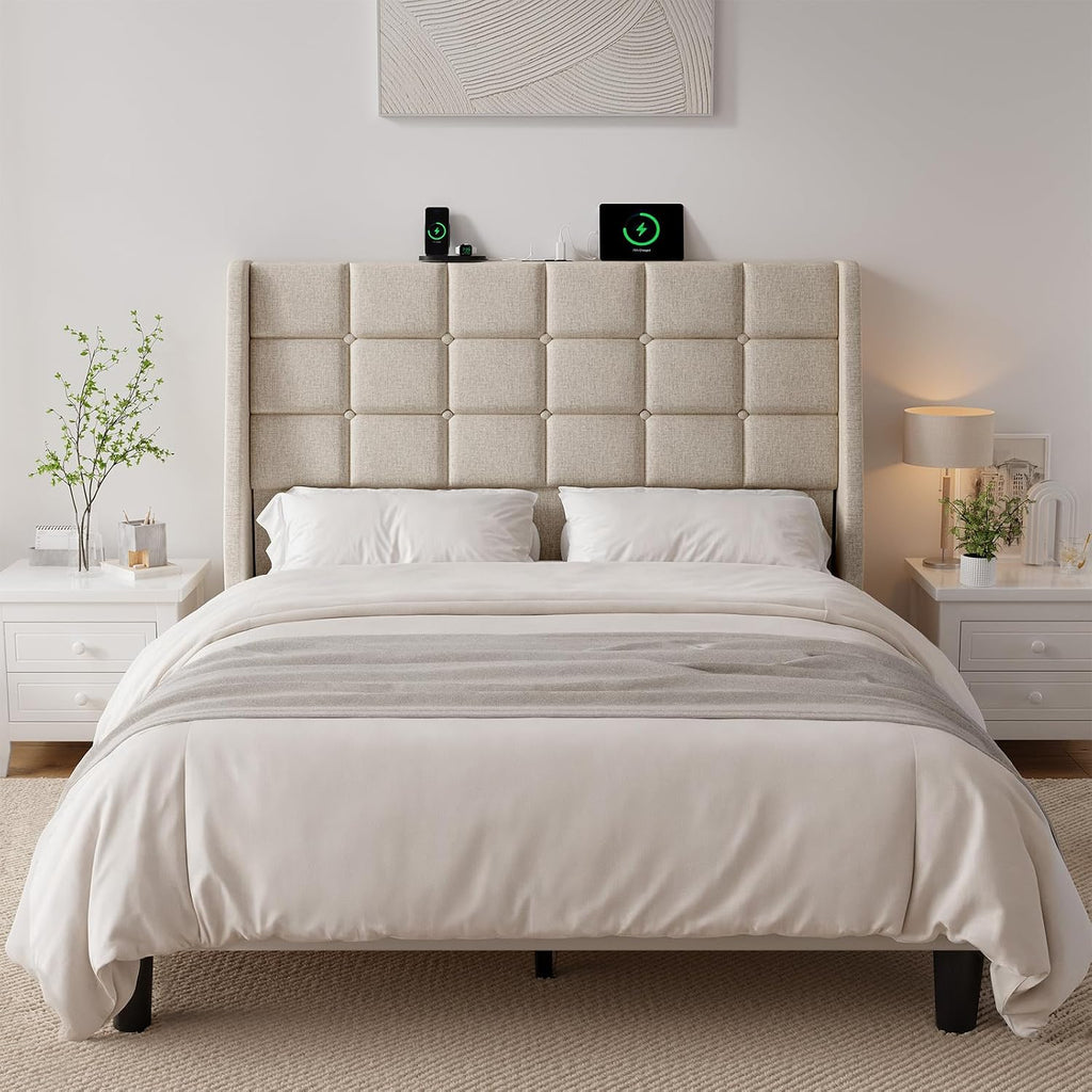 Ergonomic Upholstered Headboard Full Size w/Charging Station, Linen Wingback Headboards w/Storage Pocket, Full Headboard Only, Bed Frame Adapters, Sturdy Stable Solid Wood Bed Head Board, Beige