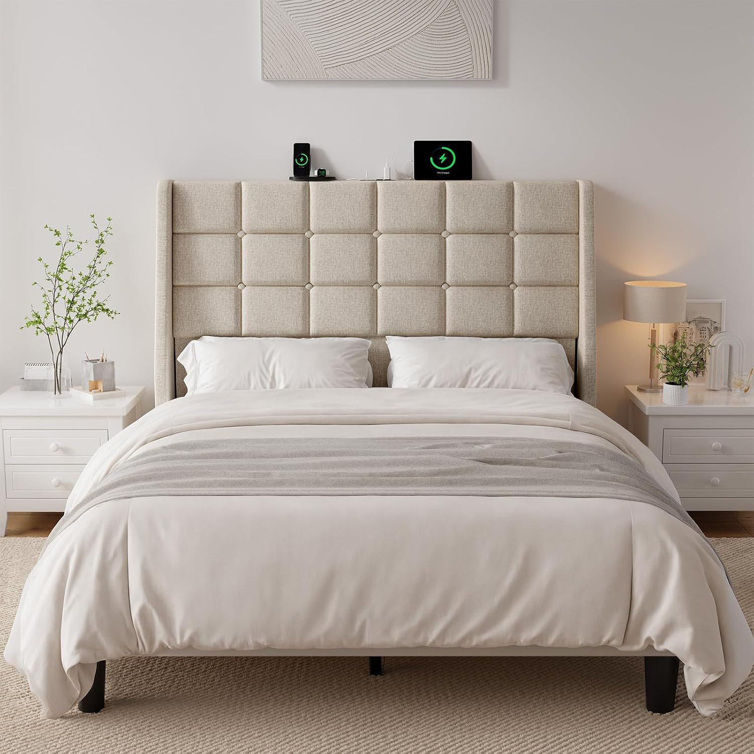 Ergonomic Upholstered Headboard Full Size w/Charging Station, Linen Wingback Headboards w/Storage Pocket, Full Headboard Only, Bed Frame Adapters, Sturdy Stable Solid Wood Bed Head Board, Beige