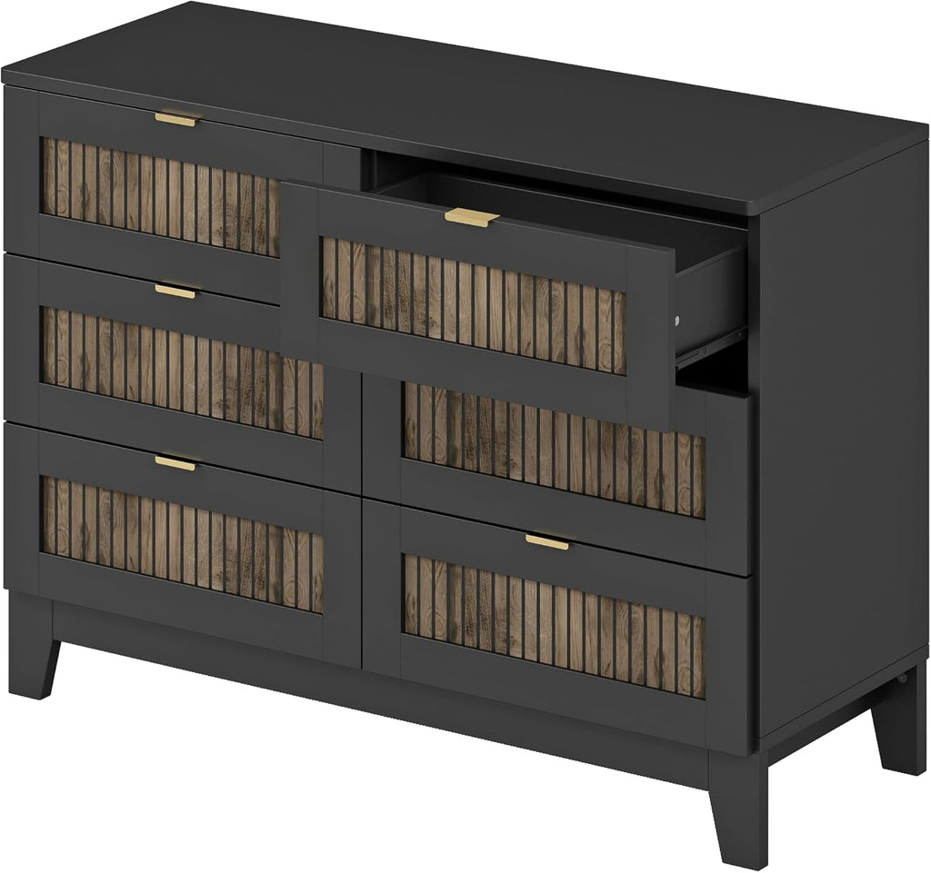 Farmhouse 4-Pieces Bedroom Sets, Queen Size Farmhouse Platform Bed with Wooden Strip Stickers Decoration, 2 Nightstands and 6 Drawer Dresser with Metal Handle (Black-4PS)