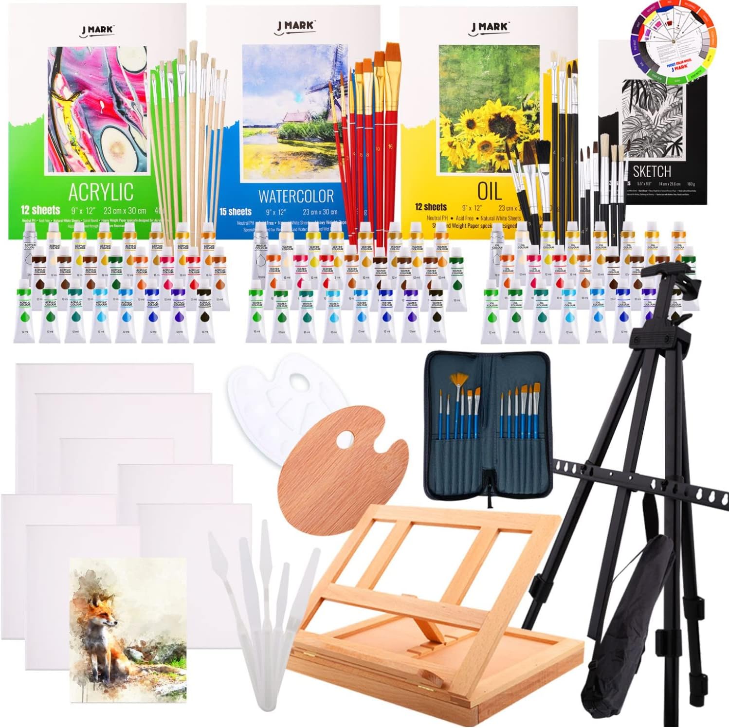 J MARK Painting Kit for Adults, Oil Paint Set- All in Deluxe Acrylic, Watercolor and Oil Painting Set