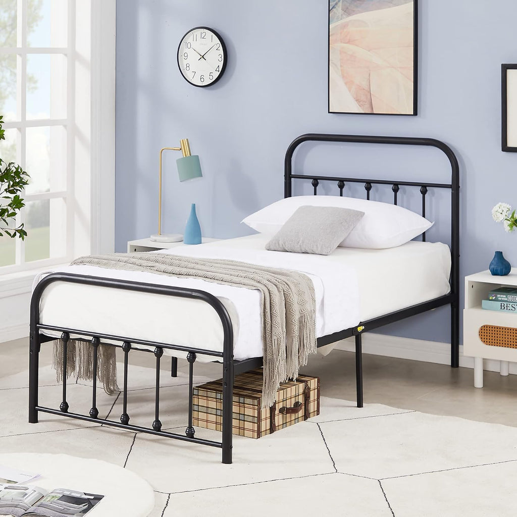 VECELO Twin Size Victorian Style Metal Bed Frame with Headboard Classic Metal Platform Bed Frame Mattress Foundation with Footboard/Under Bed Storage/No Box Spring Classic Black
