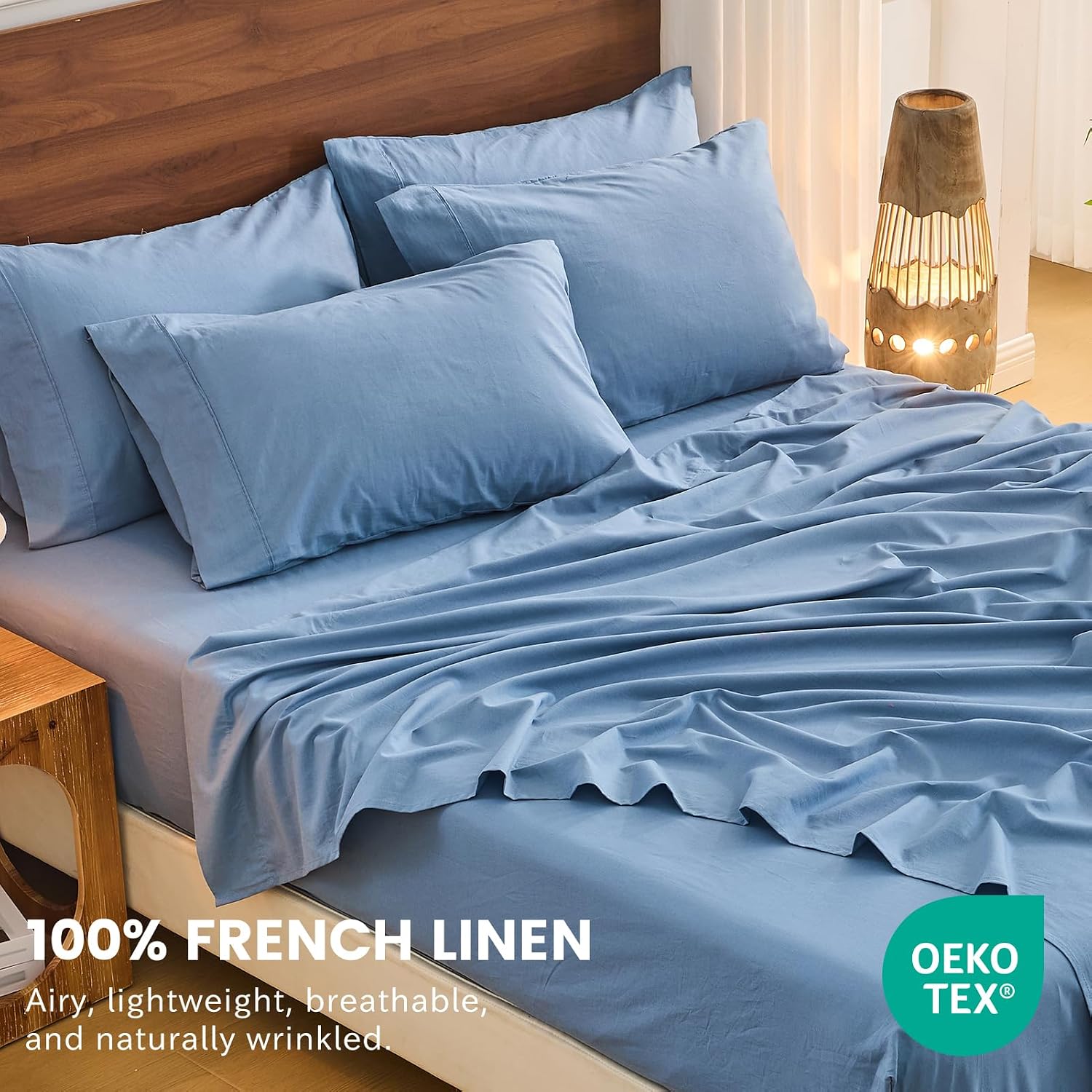 Bedlifes 100% French Flax Linen Sheets Set King Size - 6 Piece Extra Deep Pocket 18-24',Soft Breathable King Bed Sheets with Temperature Regulating & Moisture-Wicking(Flint Blue