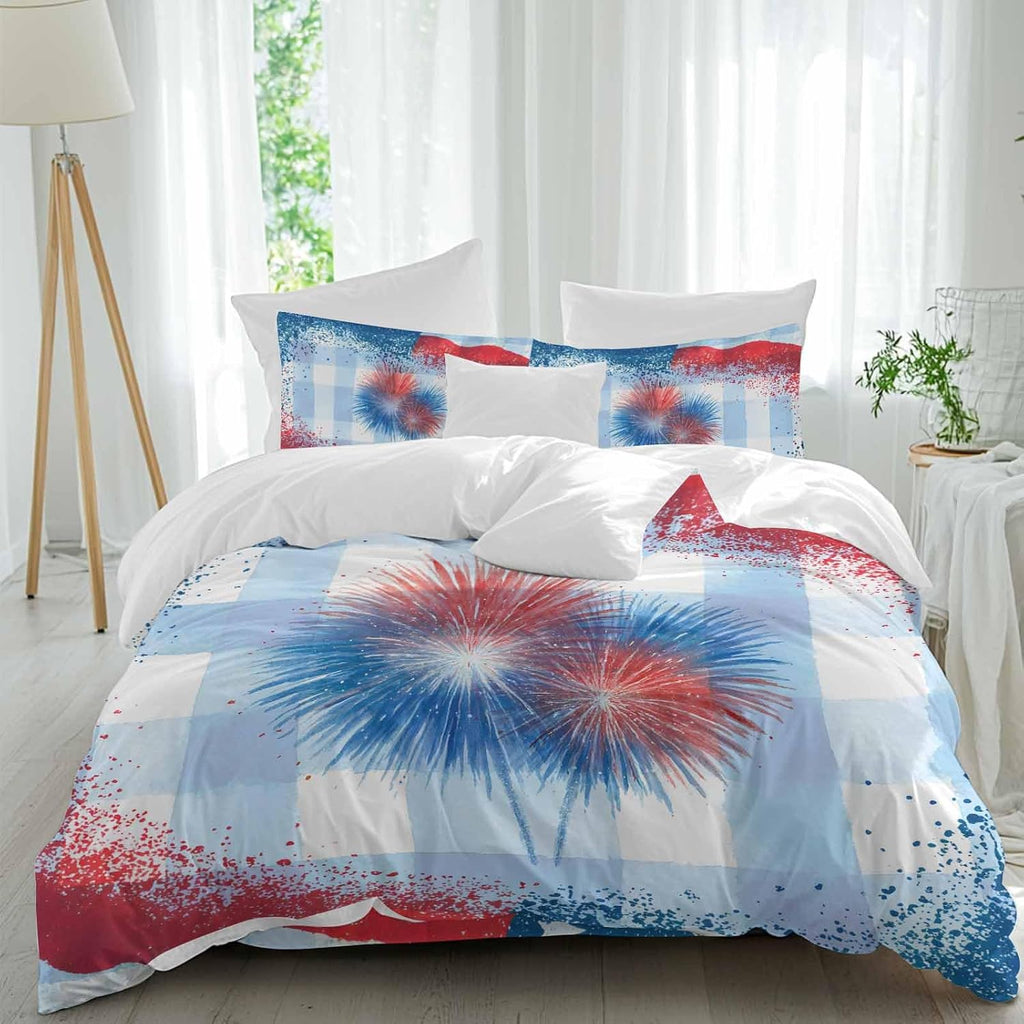 Independence Day Firework Duvet Cover Set Queen Size 4 Pieces 4th of July American Flag Blue Plaid Bedding Set with Zipper Closure, 1 Comforter Cover 92x106 Inches 1 Flat Sheet & 2 Pillow Cases