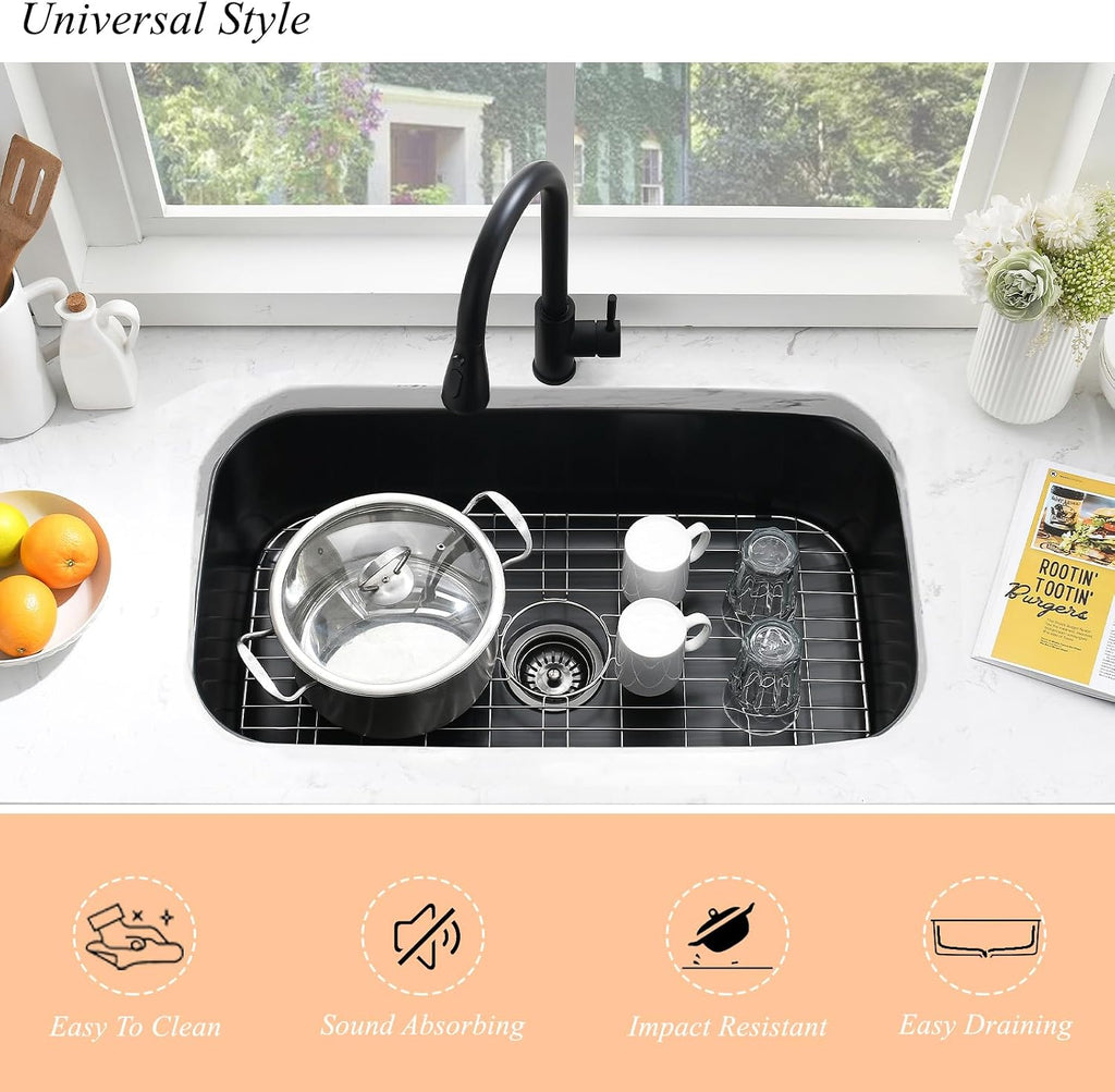 31 Inch Black Undermount Sink Stainless Steel-Bokaiya 31x18 Kitchen Sink Undermount Black Stainless Steel Sink 16 Gauge Single Bowl Kitchen Sink with Dish Grid