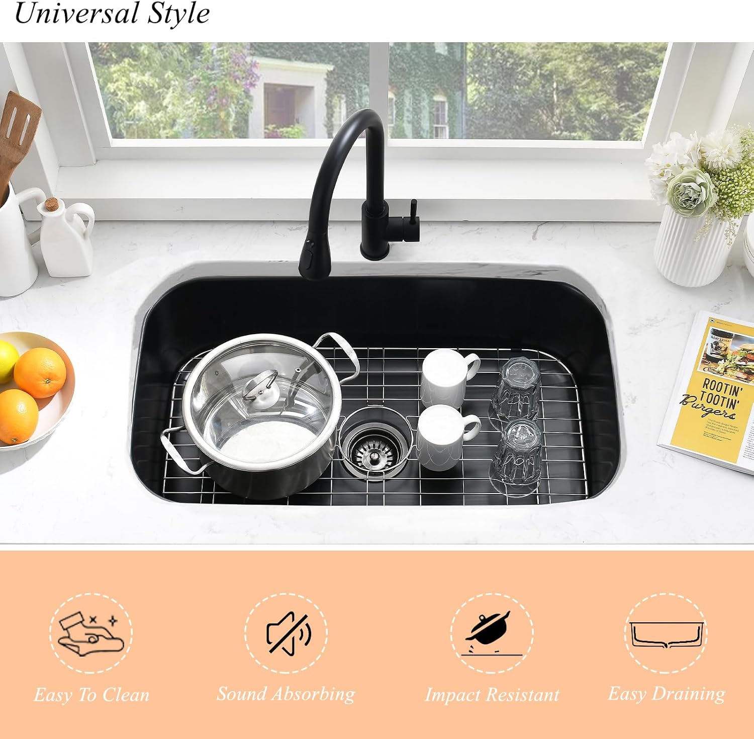 31 Inch Black Undermount Sink Stainless Steel-Bokaiya 31x18 Kitchen Sink Undermount Black Stainless Steel Sink 16 Gauge Single Bowl Kitchen Sink with Dish Grid