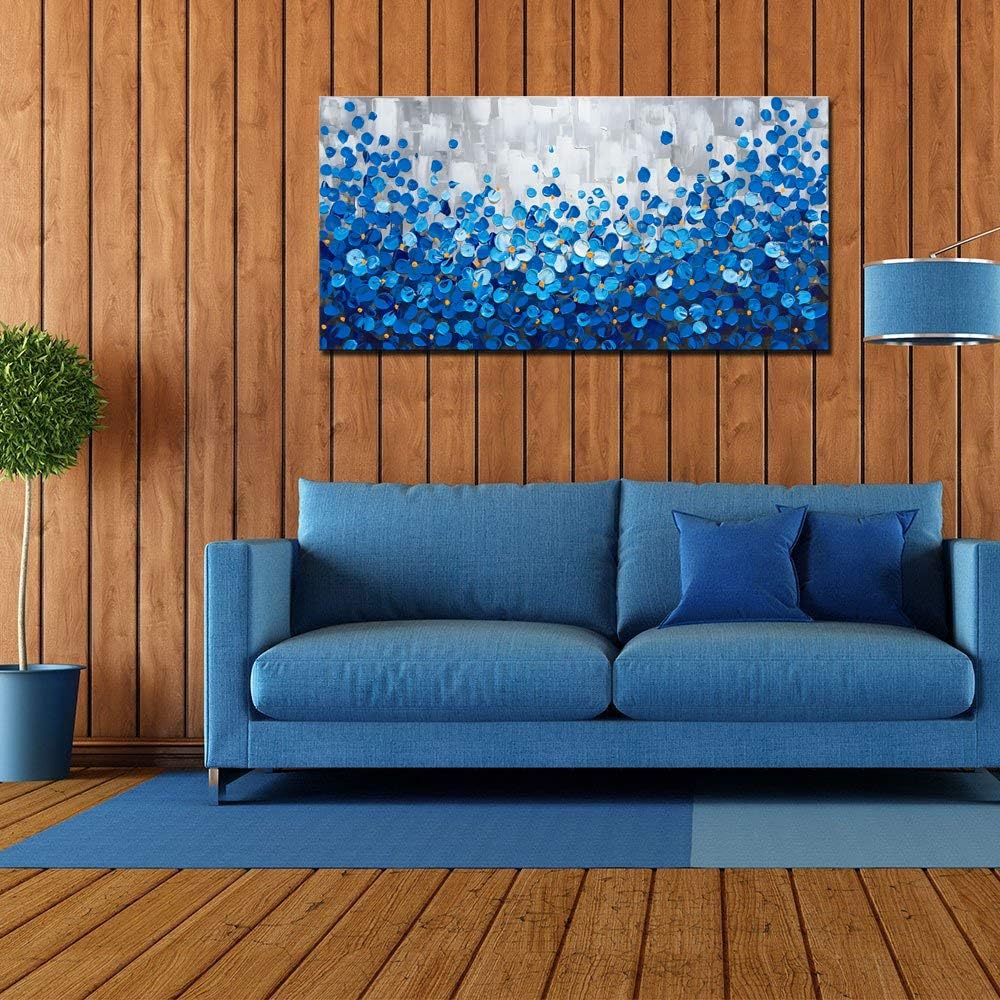 MyArton Large Textured Blue Flowers Canvas Wall Art Hand Painted Modern Decoration Oil Painting Picture Framed Ready to Hang 60x30inch