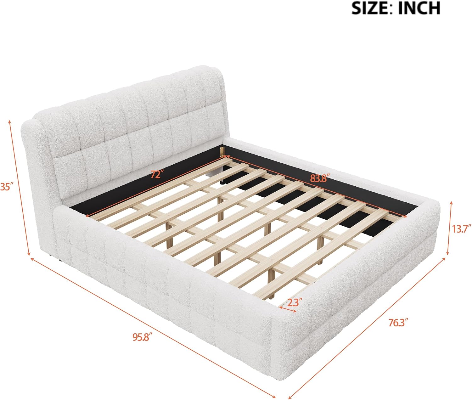 GDFStudio California King Size Upholstered Platform Bed, Boucle Bed Frame with Foam Headboard, Wood Slat Support for King Mattress, Modern Platform Bed for Master Bedroom, No Box Spring Needed, White