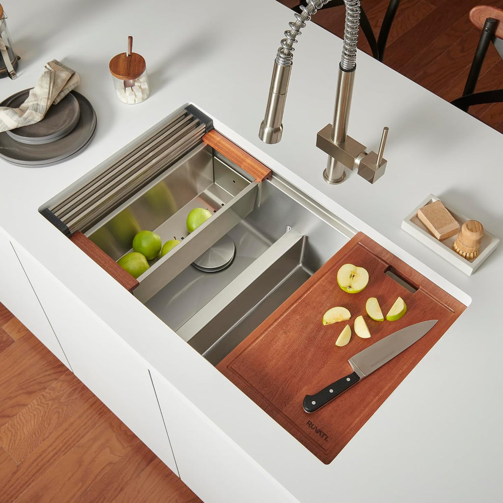 Ruvati 33-inch Workstation Rounded Corners 50/50 Double Bowl Undermount Kitchen Sink - RVH8351