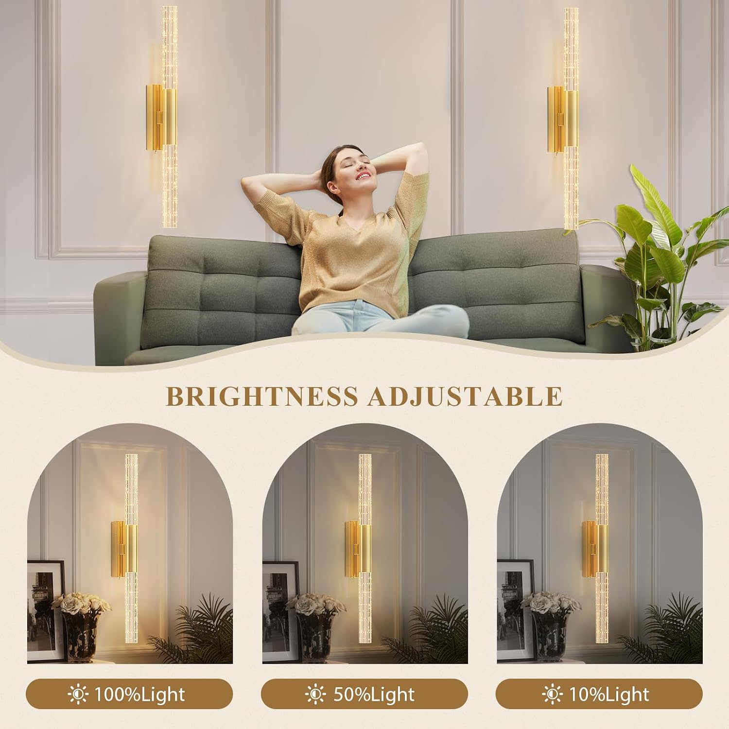 camuucci Battery Operated Wall Sconces Set of 2 Rechargeable Battery Powered Wall Light with 12000mAh Not Hardwired Dimmable Wall Lamp Fixtures for Bedroom Living Room Gold 25.6 Inches