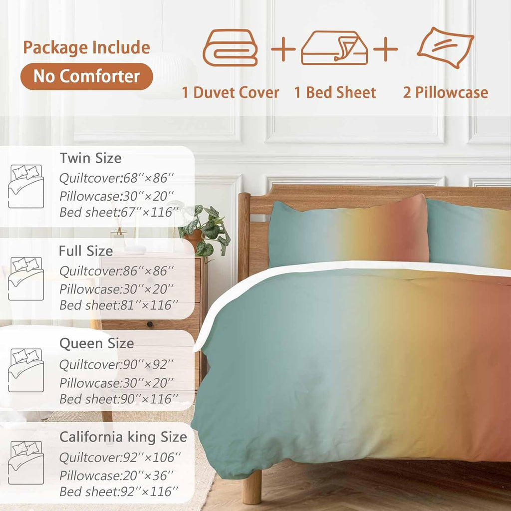 Gradient Blue Red Duvet Cover Set Queen Size 4 Pieces Modern Abstract Minimalist Yellow Orange Ocean Beach Bedding Set with Zipper Closure, 1 Comforter Cover 86x86 Inches 1 Flat Sheet & 2 Pillow Cases